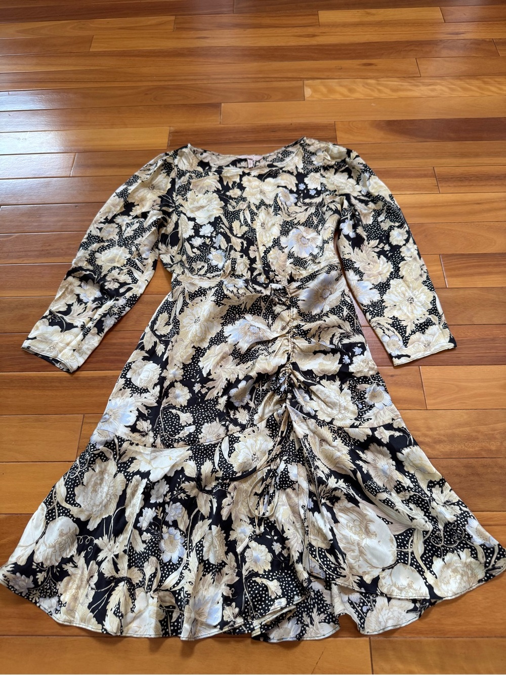 Rebecca Taylor Black & Cream Floral Ruched Midi Dress